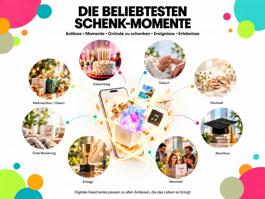 Infografik von veryuu mit digitalen Geschenkideen für Geburtstag, Geburt, Hochzeit, Abschluss, Abschied, Erfolge, Gute Besserung und Feiertage.