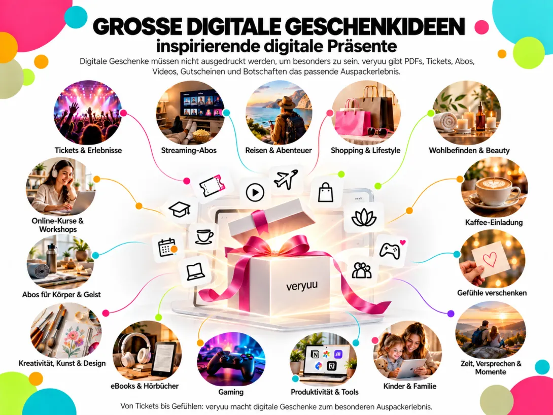 Infografik von veryuu mit digitalen Geschenkideen: Tickets, Streaming-Abos, Reisen, Gutscheine, Wellness, Online-Kurse, eBooks, Gaming, Kunst und persönliche Botschaften. In der Mitte öffnet sich eine digitale Geschenkverpackung auf einem Bildschirm.