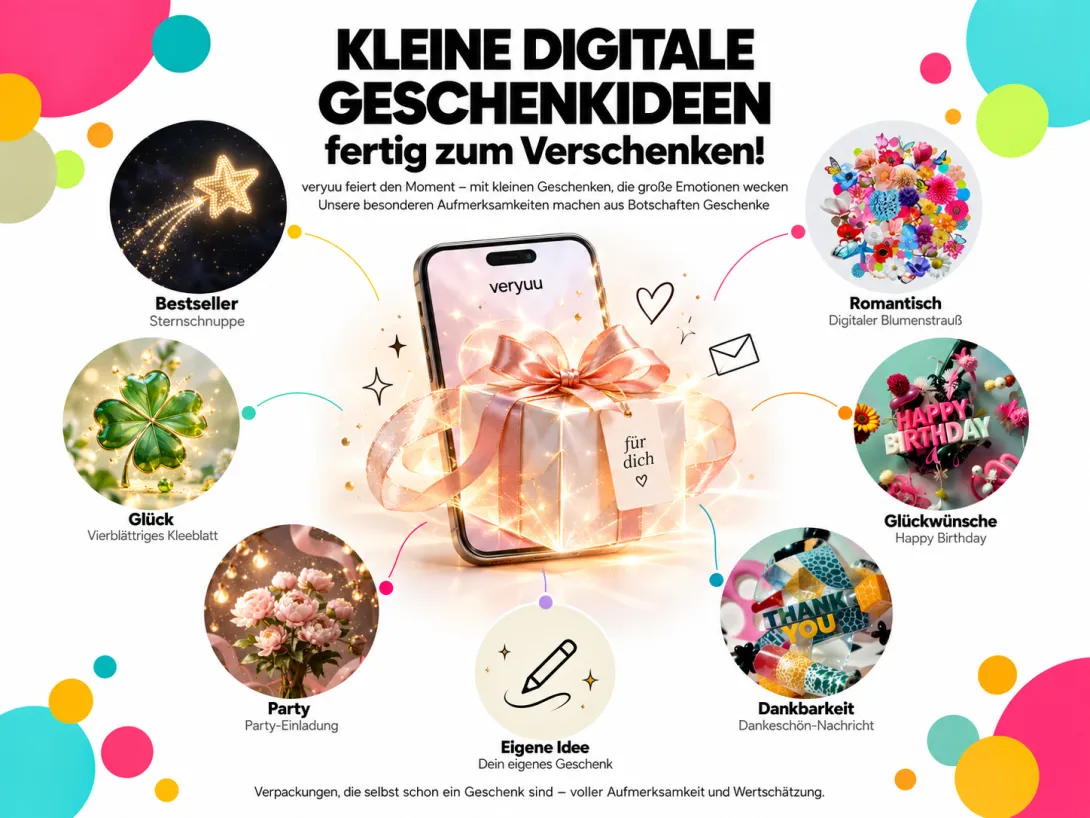 Infografik von veryuu mit kleinen digitalen Geschenkideen zum sofortigen Verschenken: Sternschnuppe, digitaler Blumenstrauß, Happy Birthday, vierblättriges Kleeblatt, Party-Einladung, Dankeschön-Nachricht und eigenes Geschenk. In der Mitte ein digital verpacktes Geschenk auf einem Smartphone.